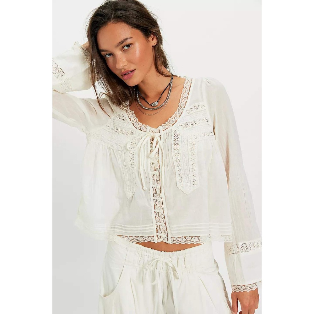 Free People Forevermore Lace Peasant Top Medium White Festival Boho Long Sleeve